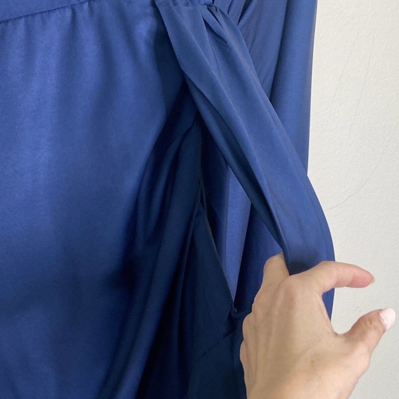 Navy Front Panel Faux Wrap Leaf Pattern Long Sleeved Ruched Navy Dress XXL NWT - Picture 5 of 11